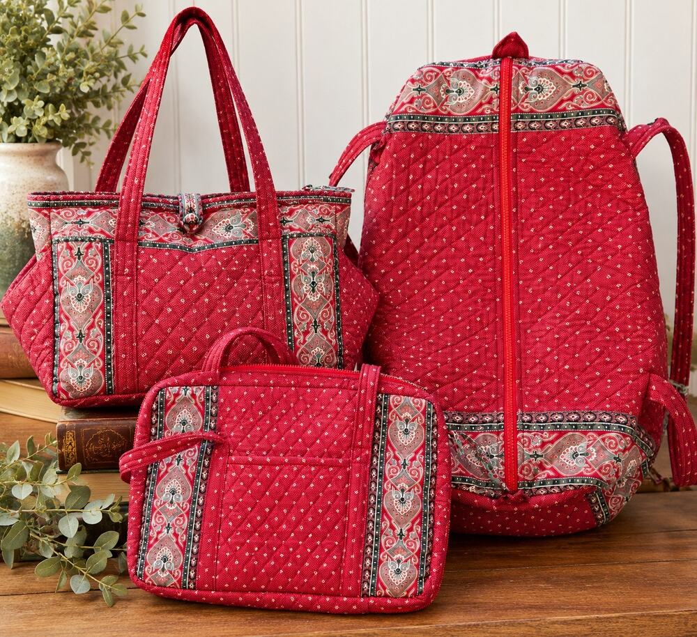 Vintage Vera Bradley Red Paisley 3-Piece Travel Bag Set Tote Garment Bag